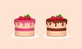 Two cakes. Sponge cakes with chocolate and rose cream. Cakes decorated with raspberries. Vector cakes isolated on gray background.